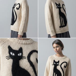 May include: Cream-colored knit sweater featuring a large black cat design on the front. The cat has white eyes and a long, curved tail. The sweater has long sleeves and a crew neck, perfect for a cozy, casual look.