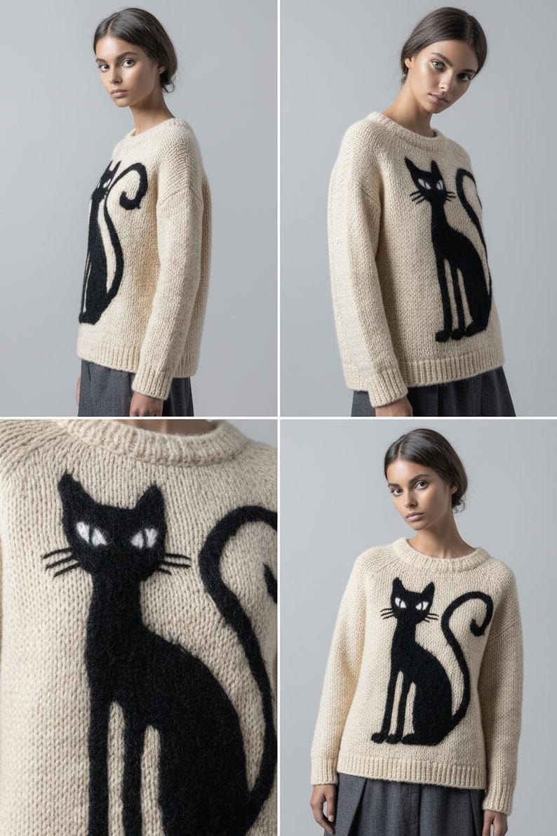May include: Cream-colored knit sweater featuring a large black cat design on the front. The cat has white eyes and a long, curved tail. The sweater has long sleeves and a crew neck, perfect for a cozy, casual look.