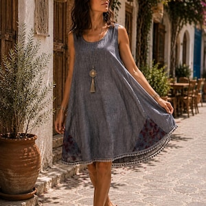 May include: A sleeveless, knee-length grey dress featuring a loose, flared silhouette. The hem is accented with a dark floral patterned panel and a delicate fringe trim. The dress is paired with a long pendant necklace and simple thong sandals.