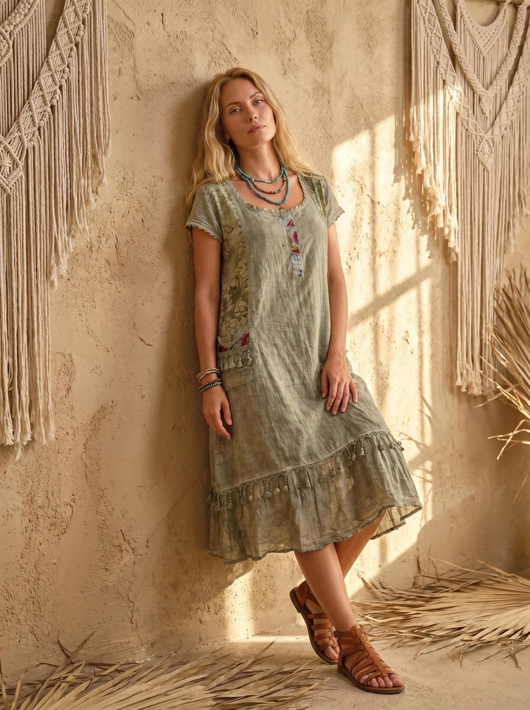 short sleeve midi cotton dresses for women The Linen Short-Sleeve Scoop Dress Color:Multi-Color price_below-40 Waverly | RED Racer-Neck or warm summer evenings