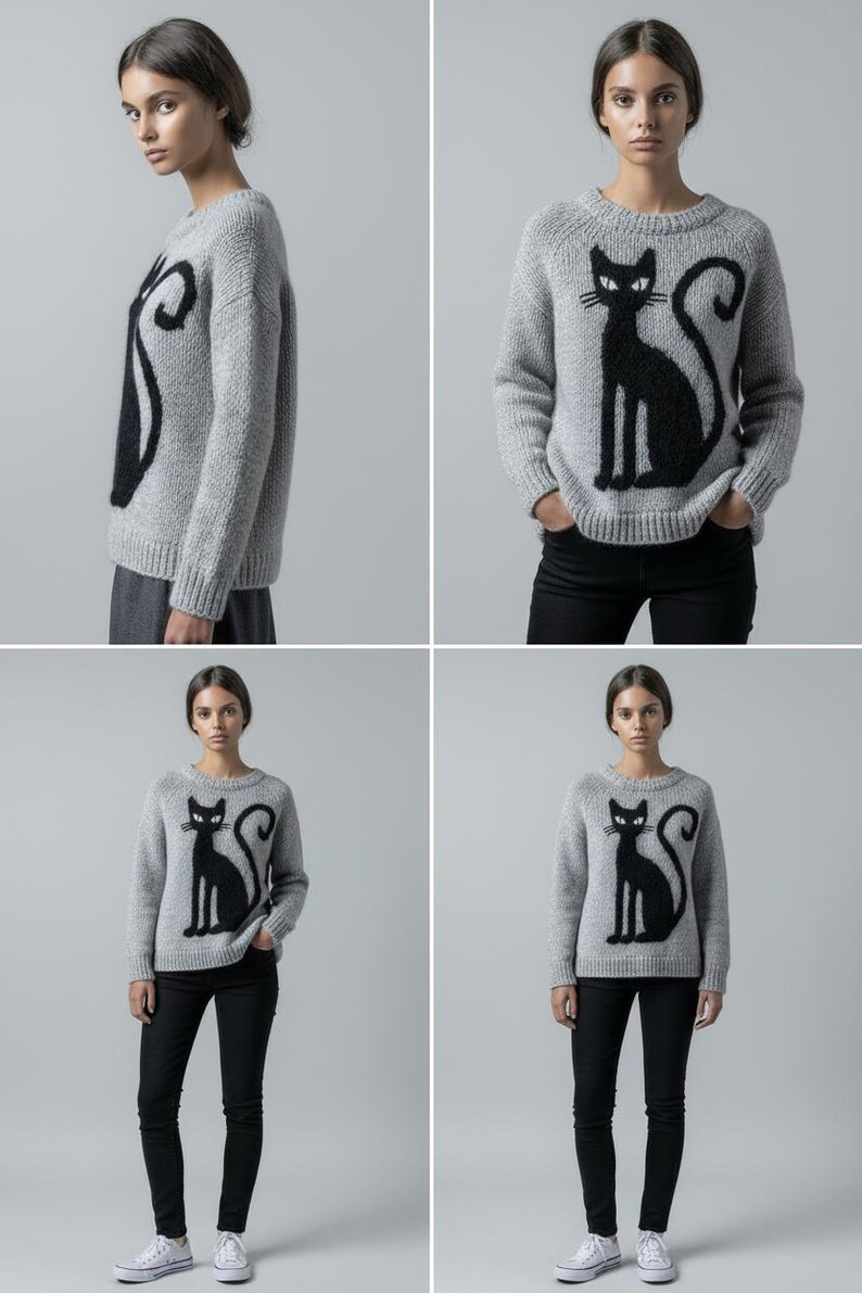 May include: A light gray sweater featuring a large black cat design. The cat is sitting upright with a curved tail. The sweater is paired with black pants and white sneakers. The model is standing in front of a gray background.