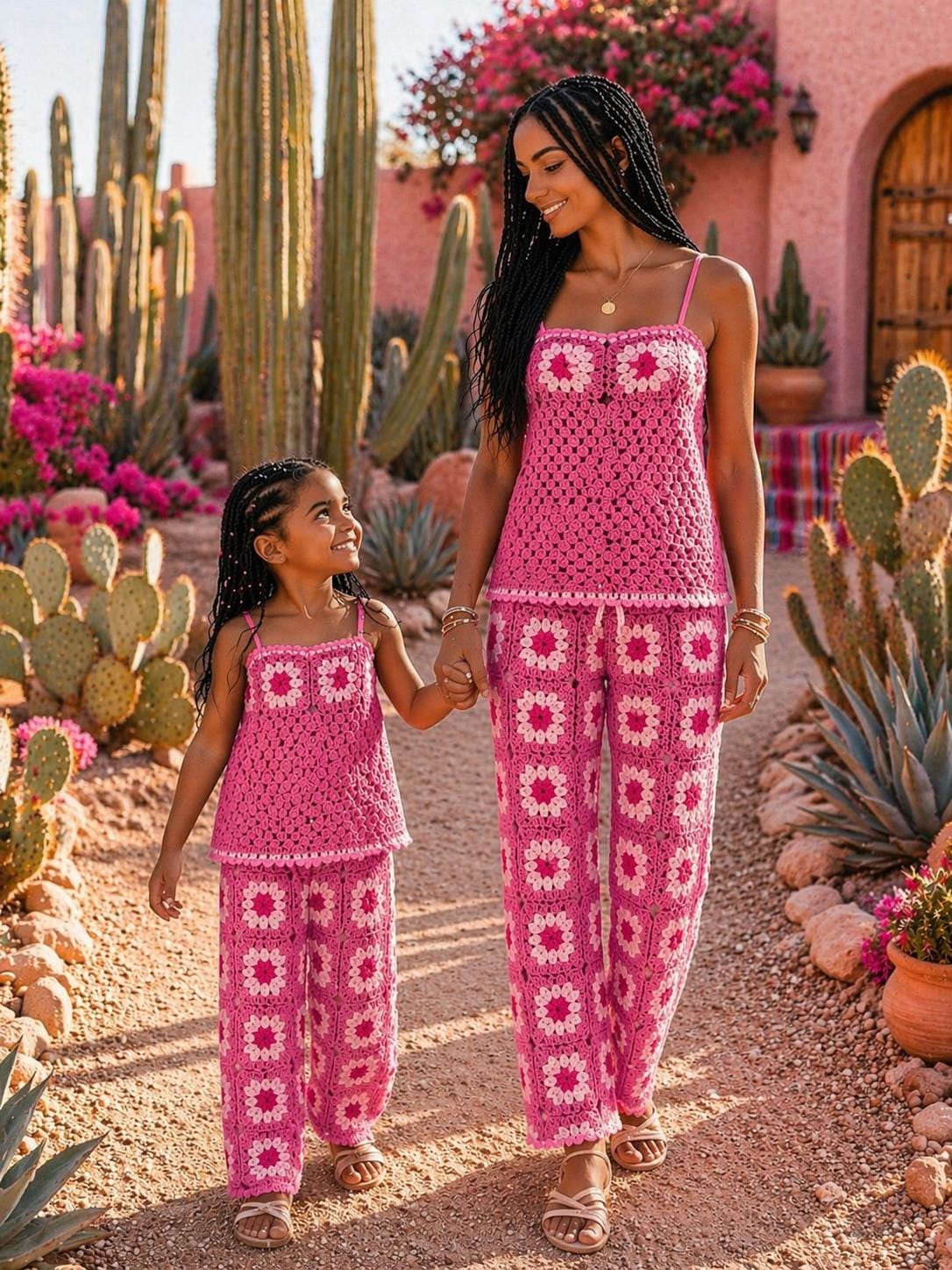 Mommy and Me Outfits, Colorful Retro Matching Outfits, Mother Daughter Hippie Crochet Top and Pants, Summer Clothing Toddles Pants Gifts