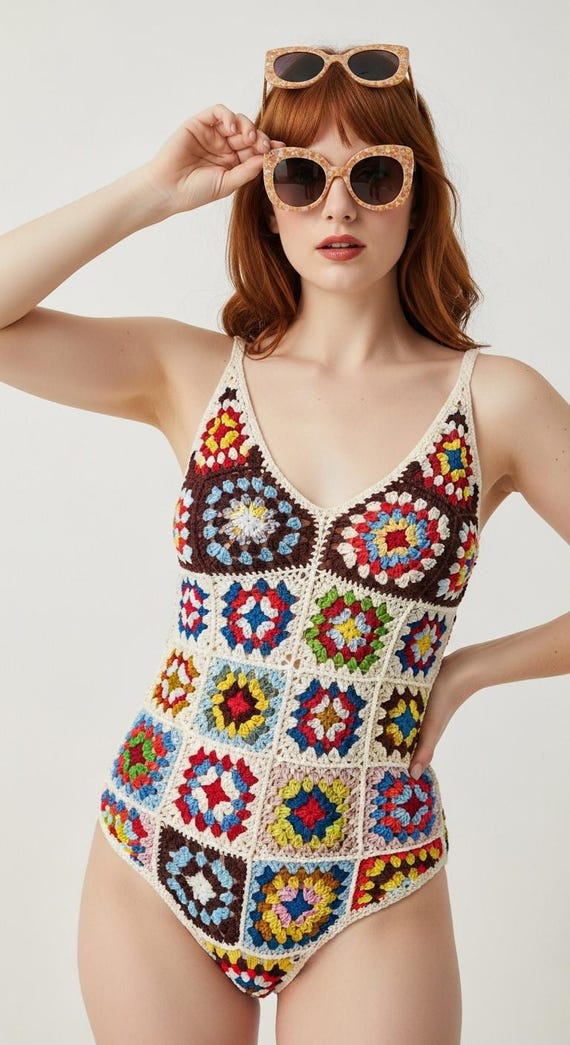 Handmade Crochet One Piece Swimsuit, Retro Boho Granny Square