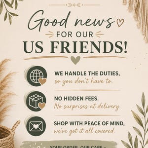 Puede incluir: Un gr&aacute;fico informativo beige con texto verde oscuro que dice SHIFFACHI CROCHET WITH SOUL, Good news FOR OUR US FRIENDS, WE HANDLE THE DUTIES, NO HIDDEN FEES, SHOP WITH PEACE OF MIND, YOUR ORDER, OUR CARE, y THANK YOU FOR SUPPORTING SMALL & HANDMADE.