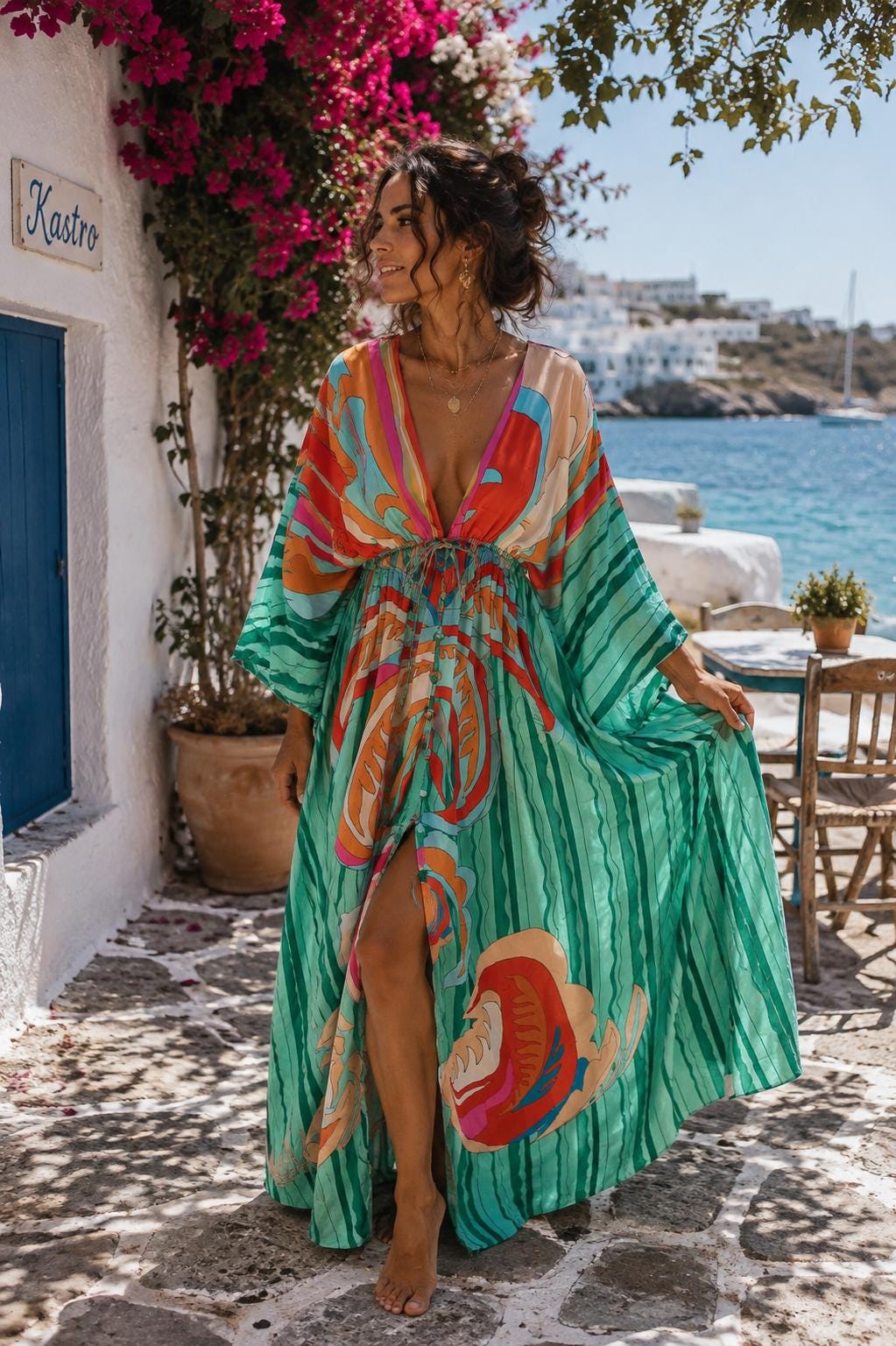 beach kaftan dress Boho - Flowy Maxi Cover Up with Tropical Print Rhiannon Satin Dress | week 23 Kimono up Resort Size:UK 7 (Pre-Order)