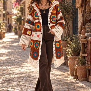 Crochet Clothing Handmade Knitwear Boho Cardigan for Women Plus size coat warm open front bohemian sweater jacket Sister gift image 5