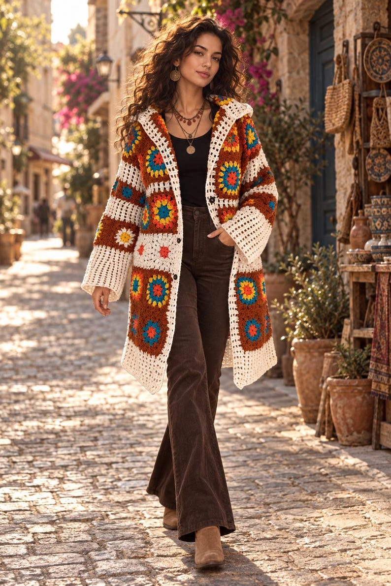 Crochet Clothing Handmade Knitwear Boho Cardigan for Women Plus size coat warm open front bohemian sweater jacket Sister gift image 5