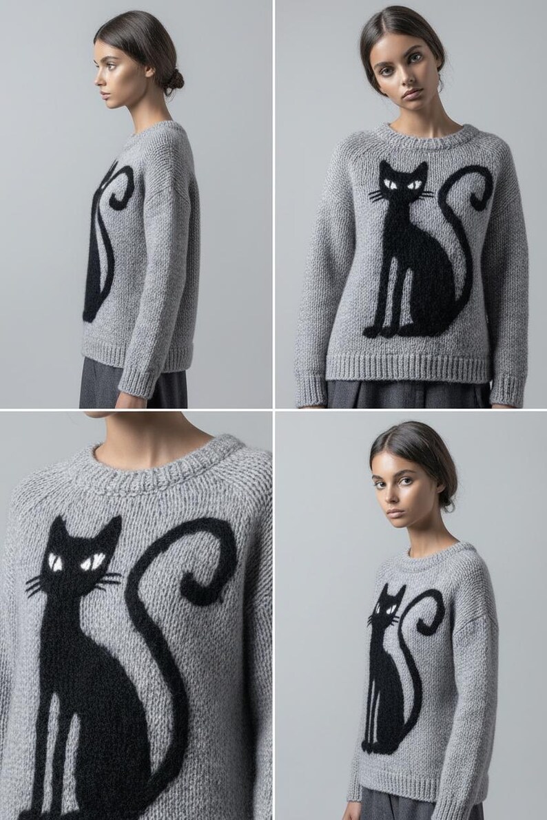 May include: A light gray sweater featuring a large black cat design on the front. The cat is depicted in a sitting pose with a curved tail. The sweater has a crew neck and long sleeves, suitable for cooler weather.