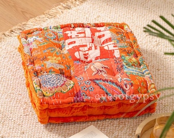 Orange Vintage Kantha Cushion Velvet Floor Cushion Window seat cushion Patchwork chair Seat Pad Boho floor pillow French Tufted Cushion