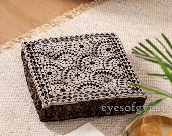 Black Embroidered bench cushion Handmade Floor Cushion Chair Pad Yoga Floor Cushion Futon tufted floor cushion Cozy reading corner cushion