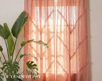 Rose Boho-gardin, halvtransparent bomull, anpassad storlek, endast en panel