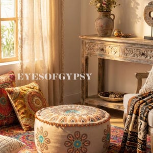 Boho Embroidered Round Floor Pouf Cover, Rust Stuffed Ottoman