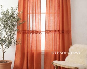 Boho bomullsdraperi, bränd orange halvtransparent gardin, vardagsrumsinredning, endast en panel