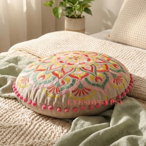 Pink Embroidered Round Pillow, Floral Circle Cushion, Decorative Boho Accent Throw Pillow, Bed Decor