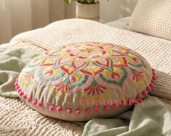 Roze geborduurd rond kussen, cirkelvormig kussen met bloemen, decoratief sierkussen boho-accent, beddecoratie