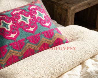 Funda de almohada lumbar bordada estilo bohemio, cojín indio tejido a mano (35,5 x 81,2 cm)