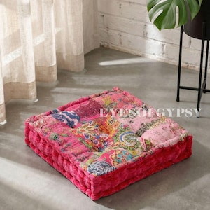 Quilted Kantha Velvet Floor Cushion, Pink Square Tufted Patchwork Seating, Boho Decor (16x16 Inches)