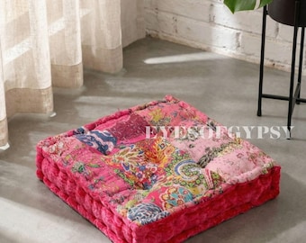 Quilted Kantha Velvet Floor Cushion, Pink Square Tufted Patchwork Seating, Boho Decor (16x16 Inches)