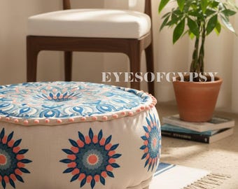 Round Boho Ottoman Pouf, Gray Embroidered Floor Seating Footstool, Decorative Handmade Yoga Cushion Cover