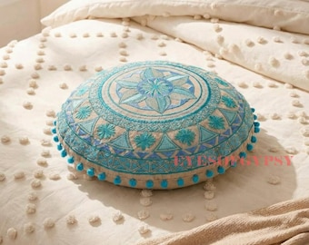 Circular Embroidered Accent Pillow, Handmade Geometric Throw Cushion, Vintage Decorative Bedding Sofa Decor
