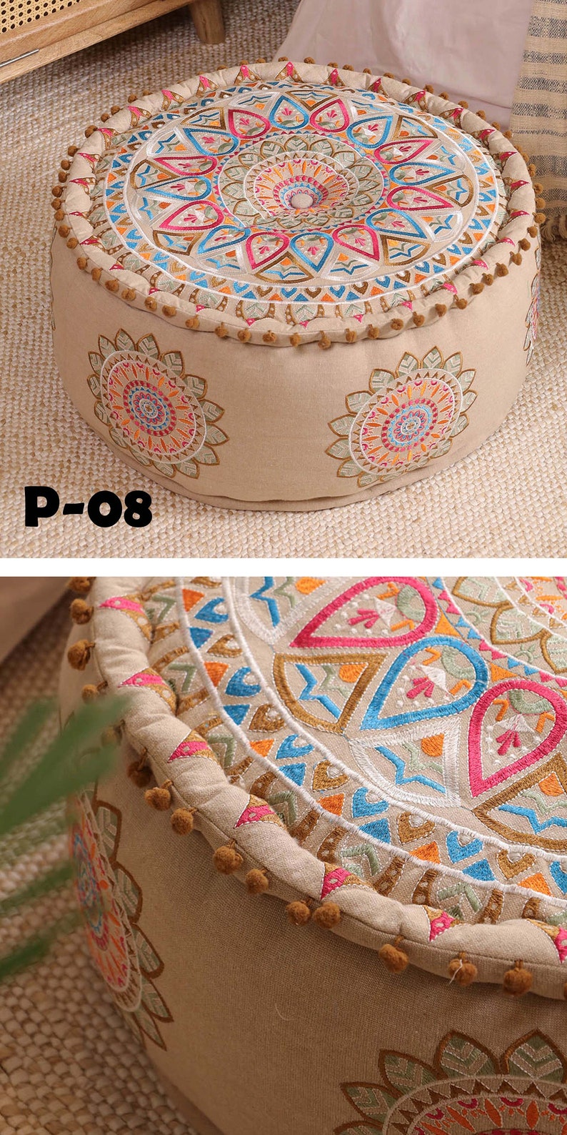 STUFFED Ottoman pouf Indian Embroidery Handmade pouf Footstool Christmas Gift Floor-pouf storage stool Decorative Ottoman Floor pouf P-08