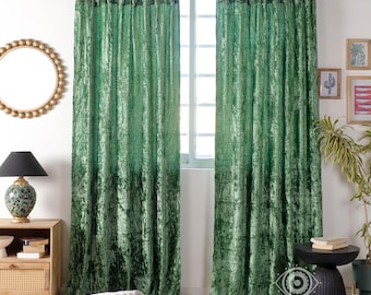 Cortina de terciopelo bohemio verde salvia - Panel de terciopelo artesanal para ventana - Acogedora cortina de terciopelo para sala de estar - Cortina semiopaca - Solo panel individual