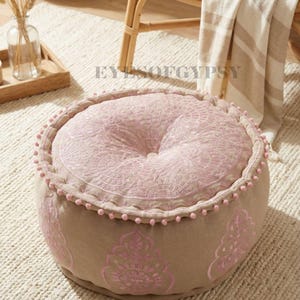 Rosa Großer Boden Pouf 22x22x12, Bestickter Ottoman Bezug, Indischer Patchwork Fusshocker
