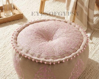 Pink Large Round Floor Pouf 22x22x12, Embroidered Ottoman Cover, Indian Patchwork Footstool