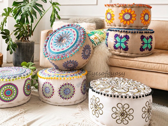 Hand-Embroidered Patchwork Ottoman Footstool - Purple Patches