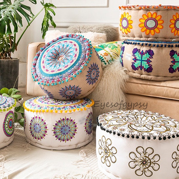 Pouf ottoman brodé indien Coussin de siège de méditation Boho Housse de coussin de sol Boho Cadeaux de pendaison de crémaillère Décoration d'intérieur - COUVERTURE SEULEMENT