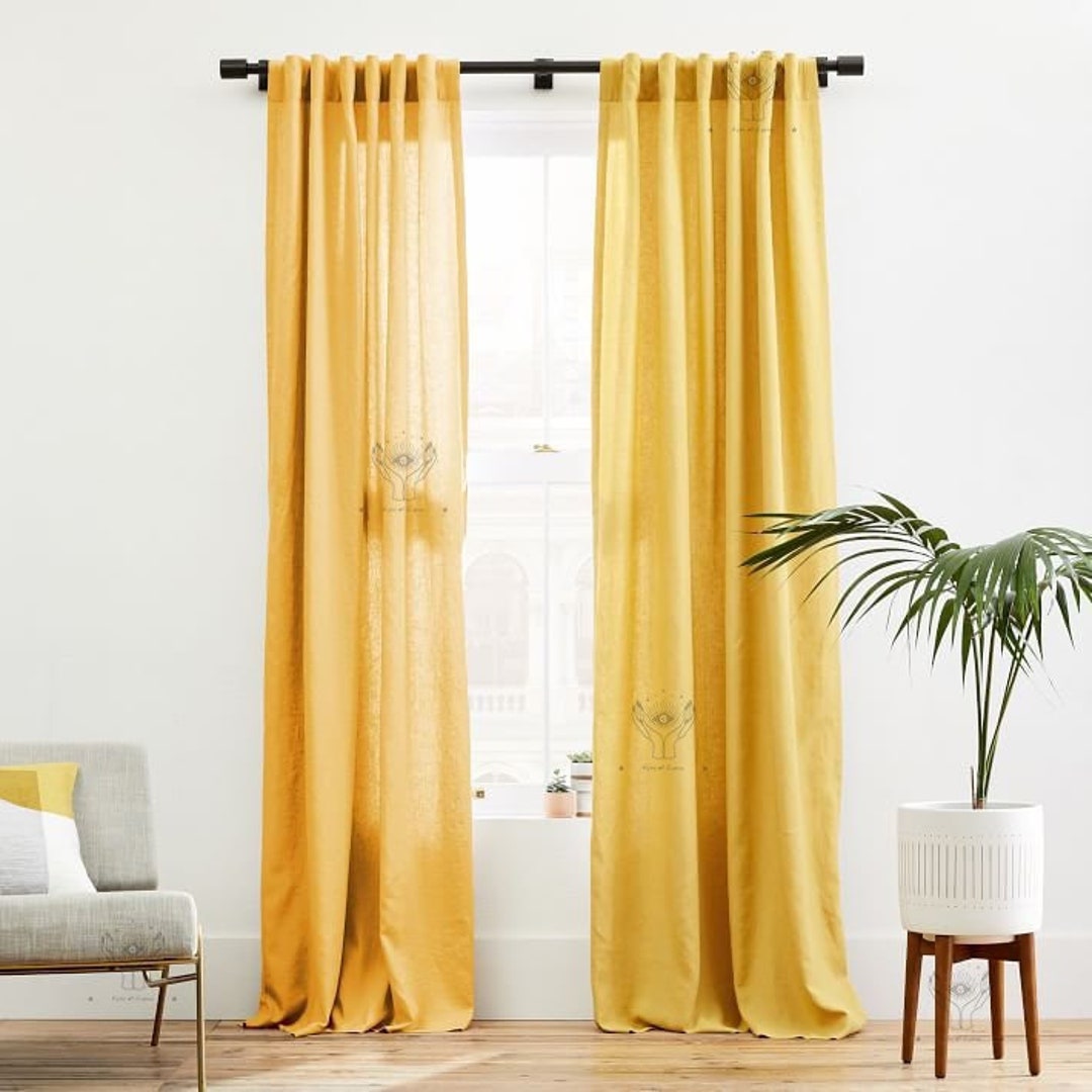 Linen Curtain Boho Curtain Bedroom Curtain Yellow Cotton Curtain Two