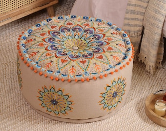 Green Handmade Floral Ottoman Cover Round Shape Footstool Cover Sofa Footrest Stool Cover Handmade Pouf Ottoman Living Room Stuffed Bean Bag