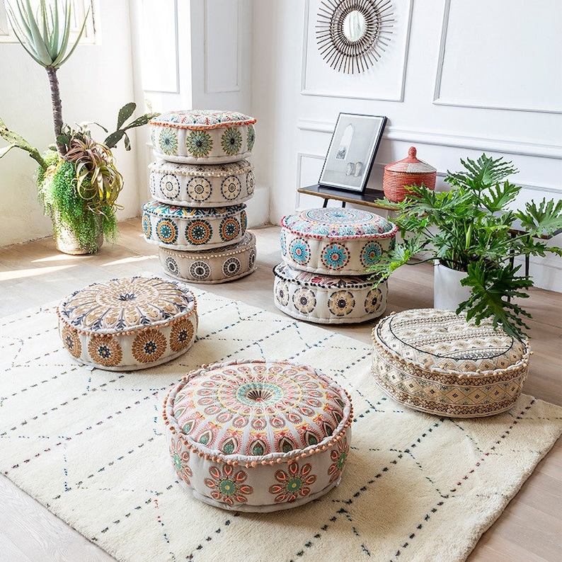 STUFFED Ottoman pouf Indian Embroidery Handmade pouf Footstool Christmas Gift Floor-pouf storage stool Decorative Ottoman Floor pouf image 1