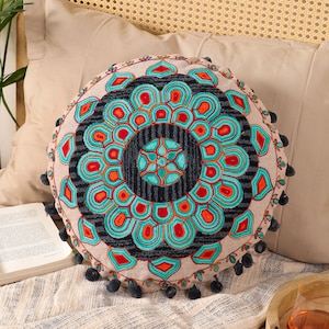 Green Hippie Throw Pillow Handmade Floor Cushion Bohemian Meditation Cushion Soft Yoga Embroidered PillowCase Housewarming Gift Round Pillow