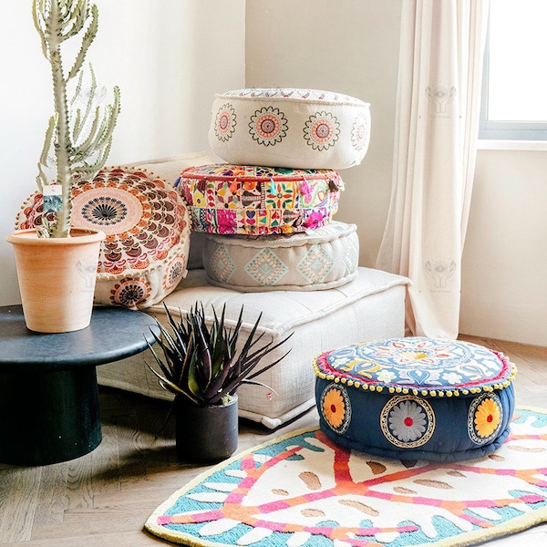 Fait à la main Pouf de sol Ottoman Housse de coussin de sol Boho Bean Bag Coussin de méditation Décor de Noël Décor de jardin - COUVERTURE SEULEMENT