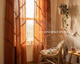 Terrakotta Boho-gardin, halvtransparent, texturerad bomull, anpassningsbar, endast en panel