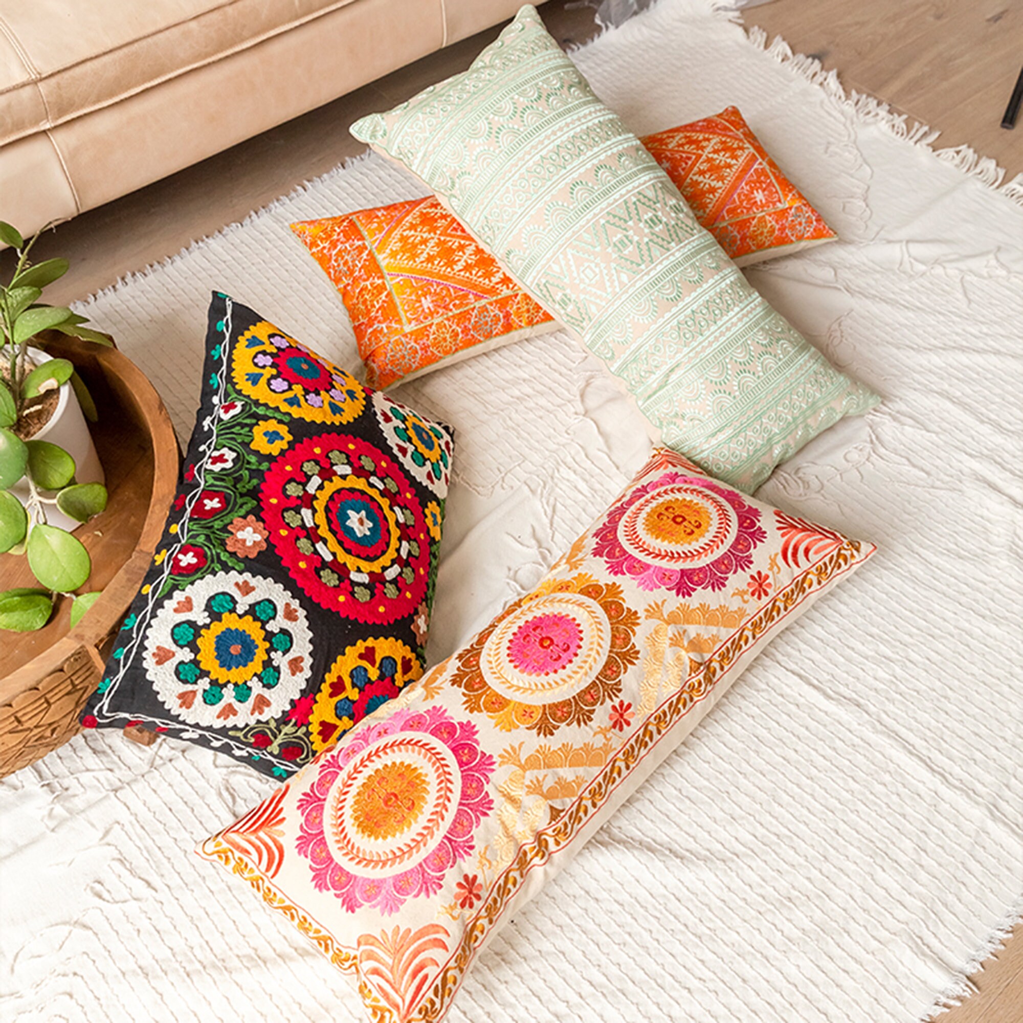 Indian Embroidered Long Throw Pillow Cases Decorative Cotton Etsy UK