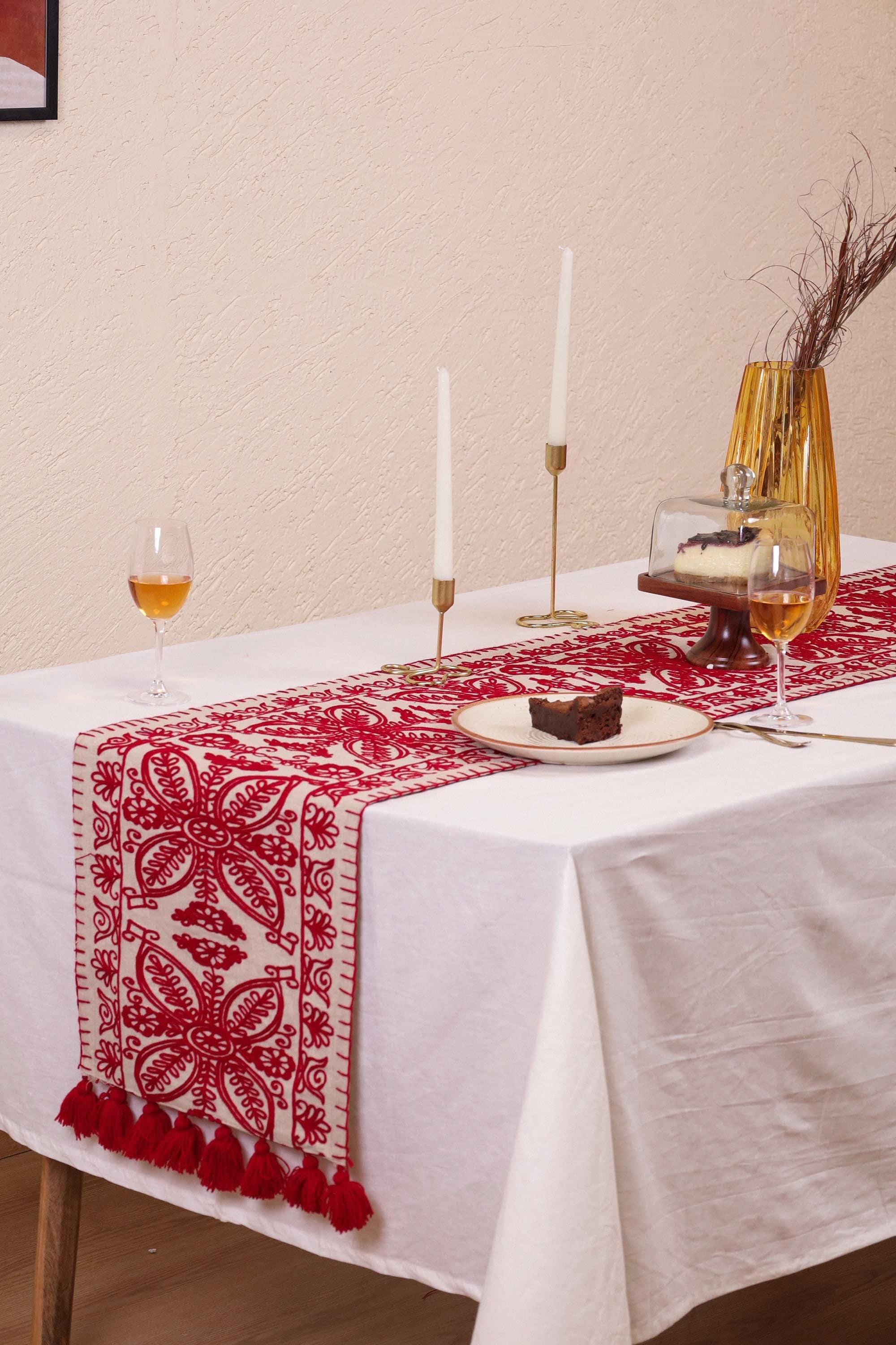 Hand‑Embroidered Red Table Runner