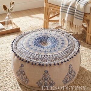 Runder indischer Hocker Bezug, blauer bestickter Ottomane, 22x22x12 großes Bodenkissen