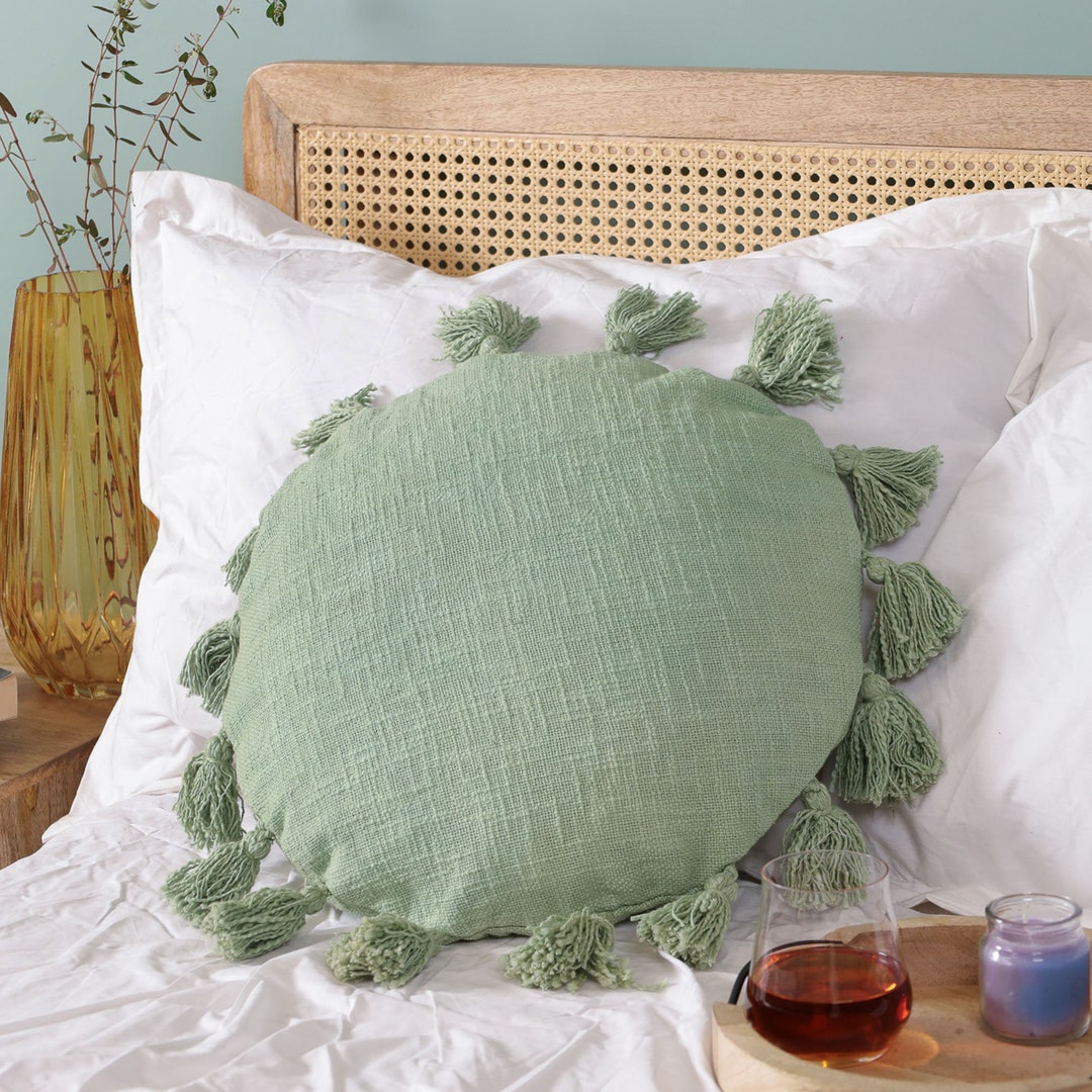 Sage Green Round Chair Cushion With Tassel Bohemian Style Throw Pillow ...