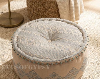 Gray Handmade Embroidered Ottoman Pouf: Indian Floor-Pouf Footstool