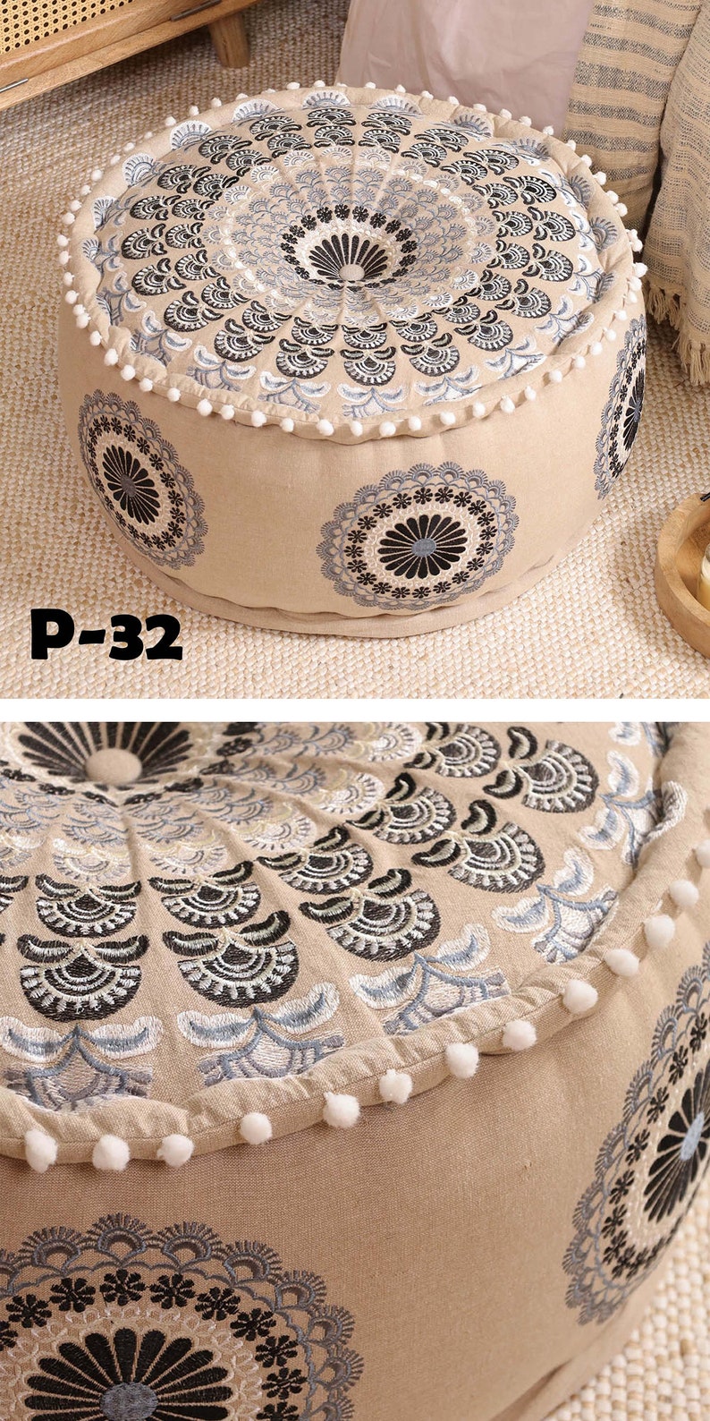 STUFFED Ottoman pouf Indian Embroidery Handmade pouf Footstool Christmas Gift Floor-pouf storage stool Decorative Ottoman Floor pouf P-32