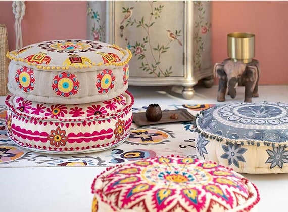 Ottoman pouf Embroidered pouf STUFFED Handmade Footstool Window seating Floor-pouf storage stool Decorative Ottoman Indian Floor pouf