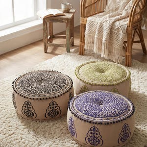Geborduurde hoes vloerpoef: handgemaakte chambray poef, boho-decor