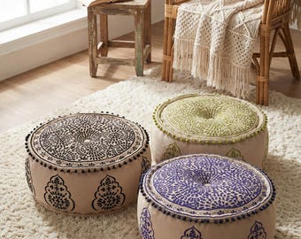 Embroidered Floor Pouf Cover: Handmade Chambray Ottoman, Bohemian Decor