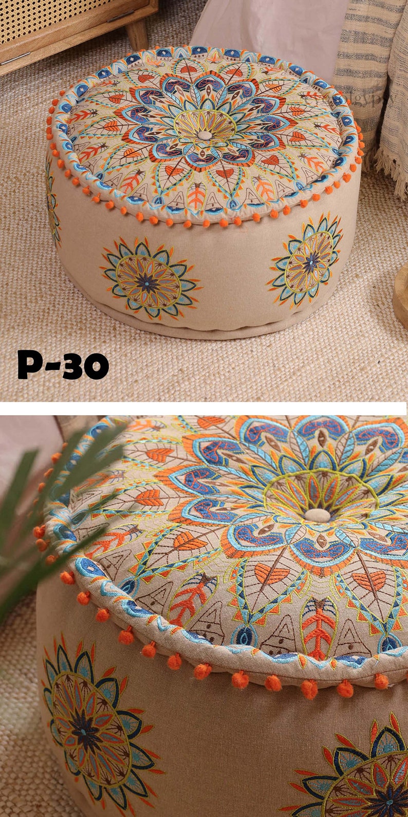 STUFFED Ottoman pouf Indian Embroidery Handmade pouf Footstool Christmas Gift Floor-pouf storage stool Decorative Ottoman Floor pouf P-30