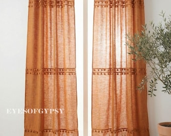 Rust Textured Semi Sheer Curtain, Boho organic cotton Window Drape, Single Panel