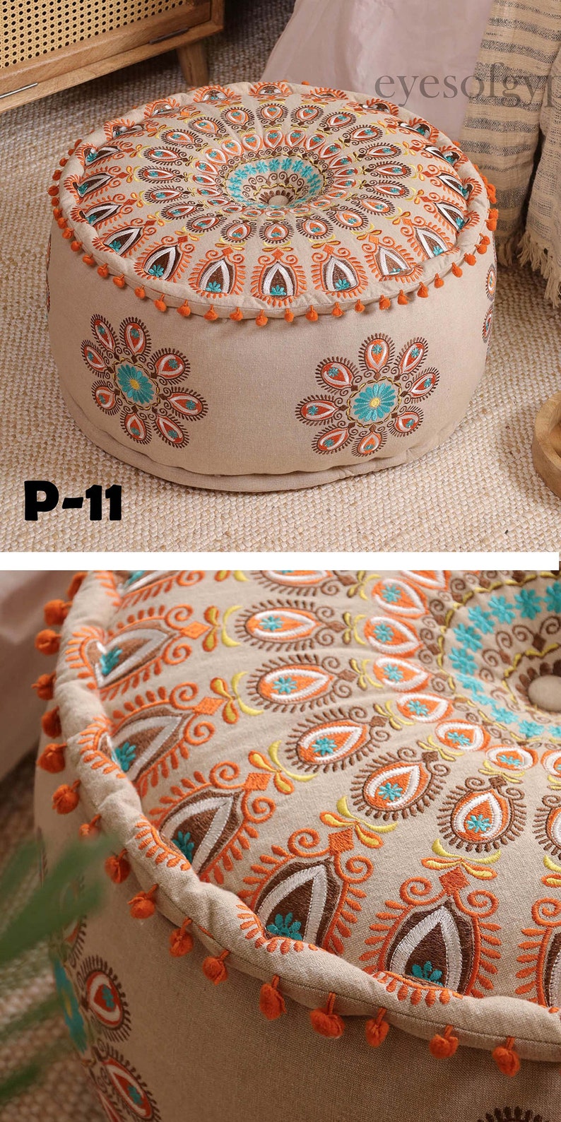 STUFFED Ottoman pouf Indian Embroidery Handmade pouf Footstool Christmas Gift Floor-pouf storage stool Decorative Ottoman Floor pouf P-11
