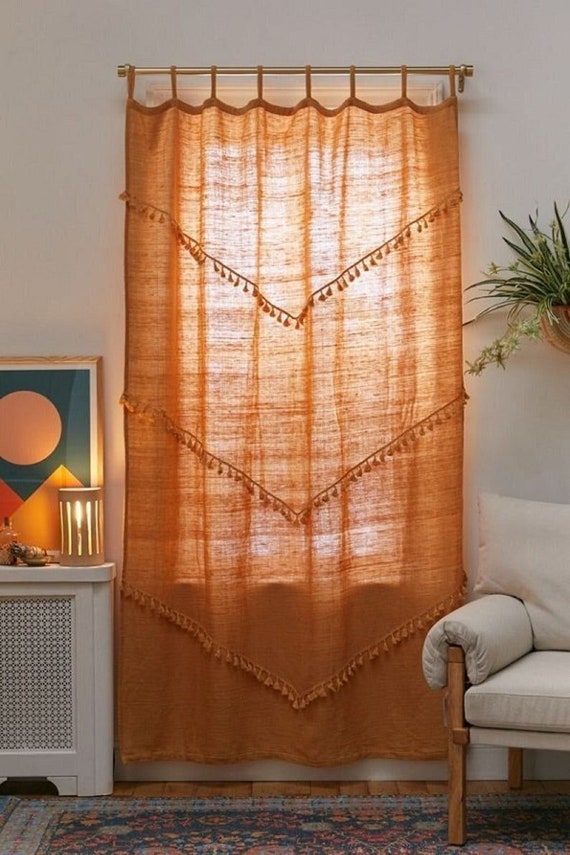 Terracotta Quasten Ein panel Gardine Gardine Fransen Vorhang Türvorhang  Honig Boho Vorhang Fenster Boho Gardine Schlafzimmer Gardine - .de