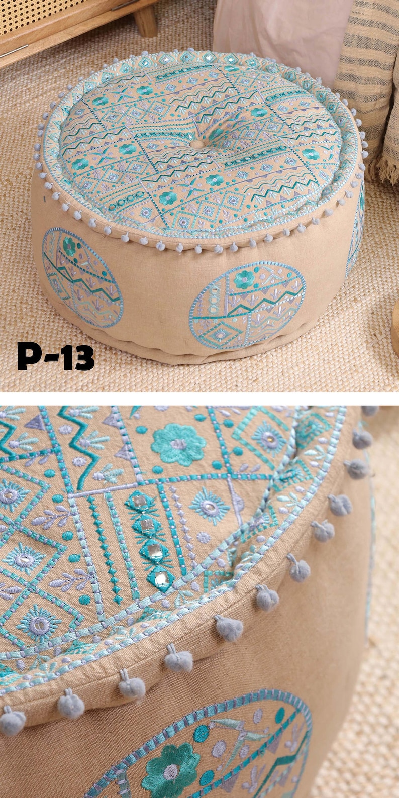 STUFFED Ottoman pouf Indian Embroidery Handmade pouf Footstool Christmas Gift Floor-pouf storage stool Decorative Ottoman Floor pouf P-13